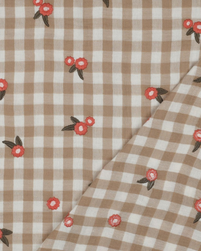 Tissu Double Gaze Motif Vichy Taupe Fleurs Brodées - Mercerine