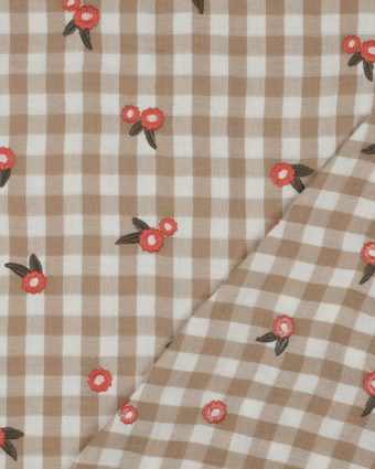 Tissu Double Gaze Motif Vichy Taupe Fleurs Brodées - Mercerine