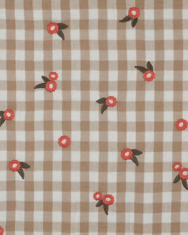 Tissu Double Gaze Motif Vichy Taupe Fleurs Brodées - Mercerine