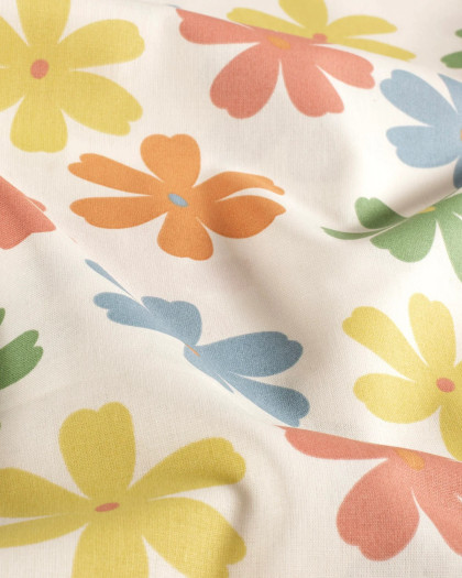 Popeline de Coton Ecru Motif Fleuri Multicolore - Mercerine
