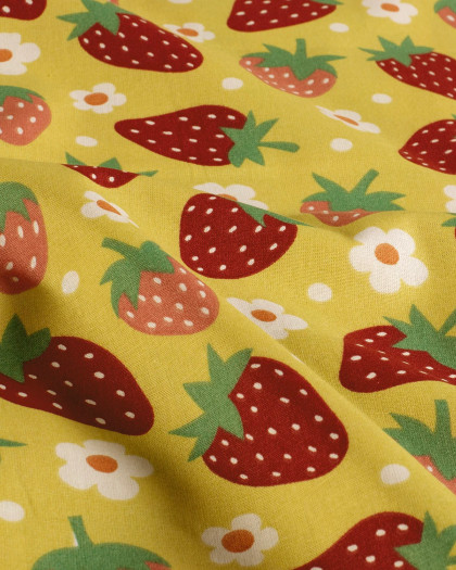 Popeline de Coton Vert Anis Fraise et Marguerite - Mercerine