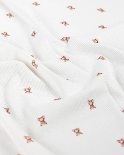 Tissu Jersey Côtelé Blanc Motif Petit Nounours - Mercerine