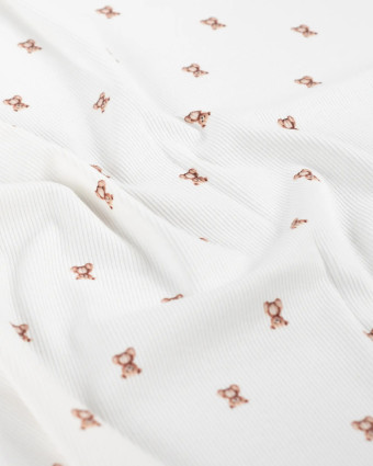 Tissu Jersey Côtelé Blanc Motif Petit Nounours - Mercerine