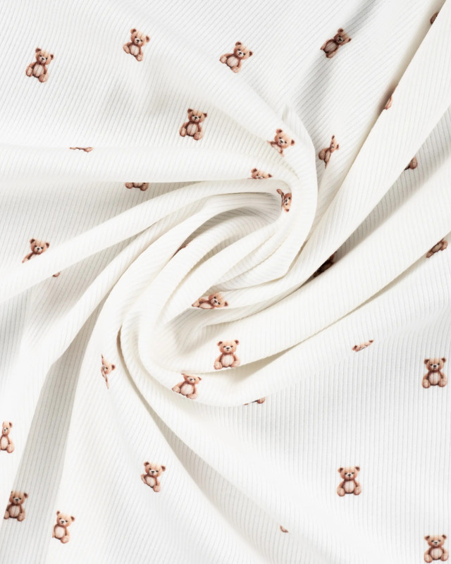 Tissu Jersey Côtelé Blanc Motif Petit Nounours - Mercerine