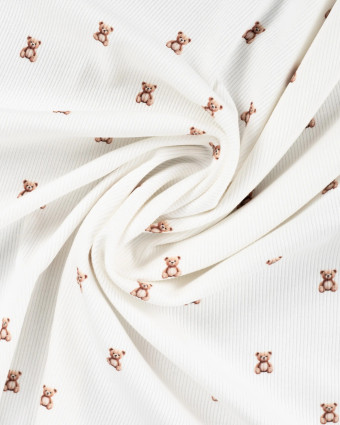 Tissu Jersey Côtelé Blanc Motif Petit Nounours - Mercerine