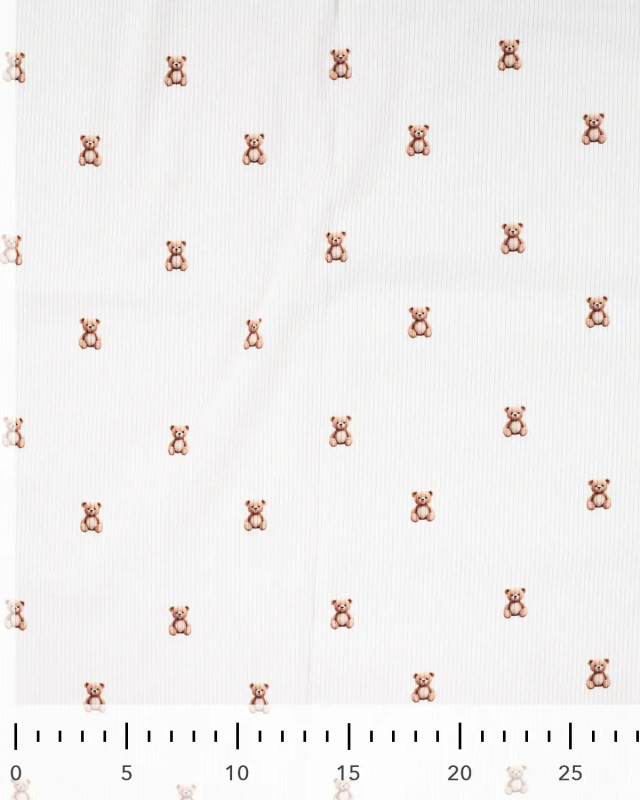 Tissu Jersey Côtelé Blanc Motif Petit Nounours - Mercerine