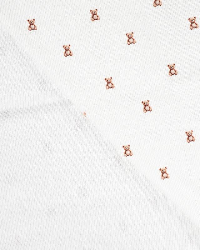 Tissu Jersey Côtelé Blanc Motif Petit Nounours - Mercerine