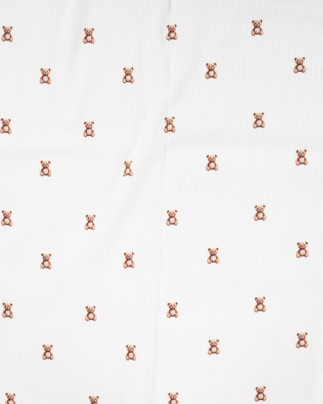 Tissu Jersey Côtelé Blanc Motif Petit Nounours - Mercerine