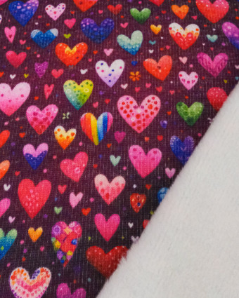 Tissu Sweat Imprimé Coeurs Multicolores Envers Doudou - Mercerine