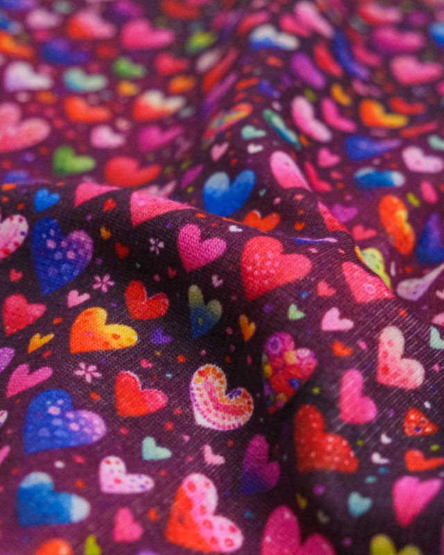Tissu Sweat Imprimé Coeurs Multicolores Envers Doudou - Mercerine