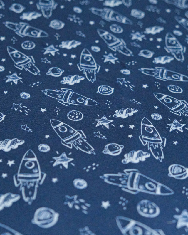 Jersey de Coton Imprimé Spatial Fond Bleu - Mercerine