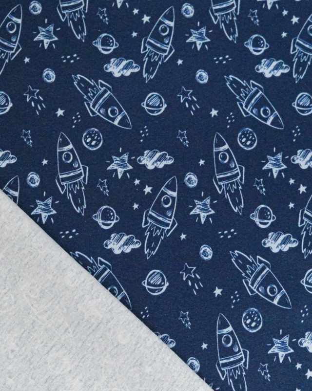 Jersey de Coton Imprimé Spatial Fond Bleu - Mercerine