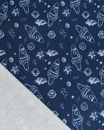 Jersey de Coton Imprimé Spatial Fond Bleu - Mercerine