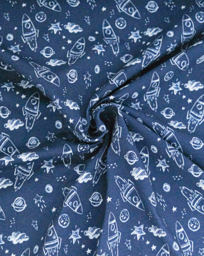 Jersey de Coton Imprimé Spatial Fond Bleu - Mercerine