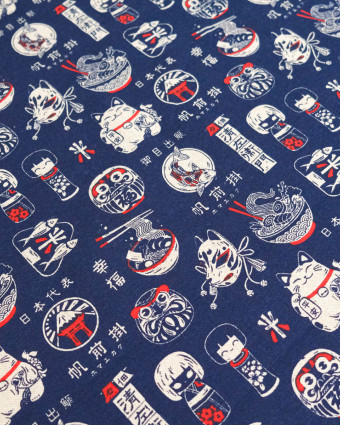 Tissu Effet Lin Maneki Encre Bleu - Mercerine