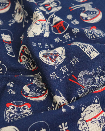 Tissu Effet Lin Maneki Encre Bleu - Mercerine