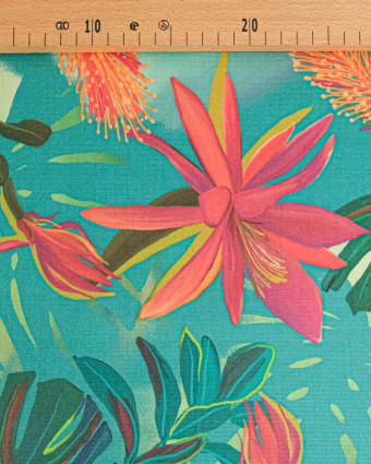 Tissu Outdoor Traité Teflon Monstera Turquoise - Mercerine