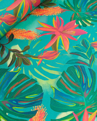 Tissu Outdoor Traité Teflon Monstera Turquoise - Mercerine