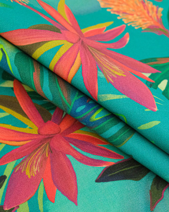 Tissu Outdoor Traité Teflon Monstera Turquoise - Mercerine