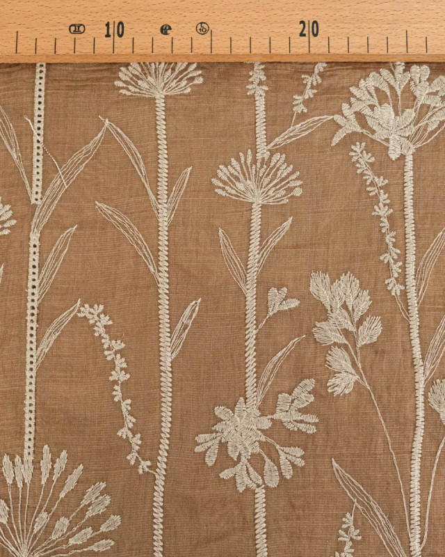 Voile de Lyocell Mélangé Motif Floral Bordé Taupe - Mercerine