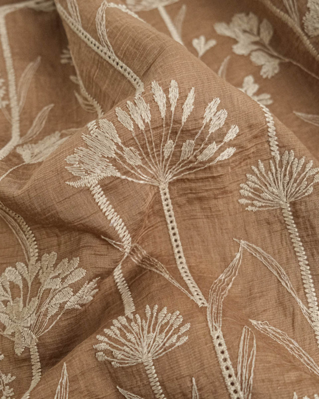 Voile de Lyocell Mélangé Motif Floral Bordé Taupe - Mercerine