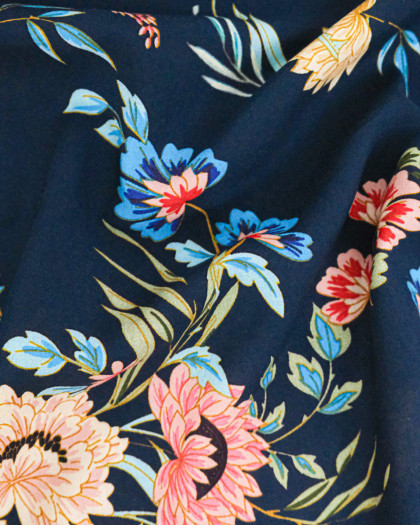 Popeline de Viscose Imprimée Floa Bleu Marine - Mercerine