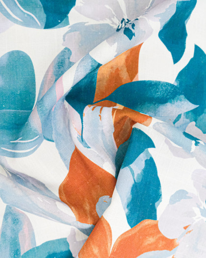 Viscose Lin Imprimé Bouquet Bleu Cacao - Mercerine
