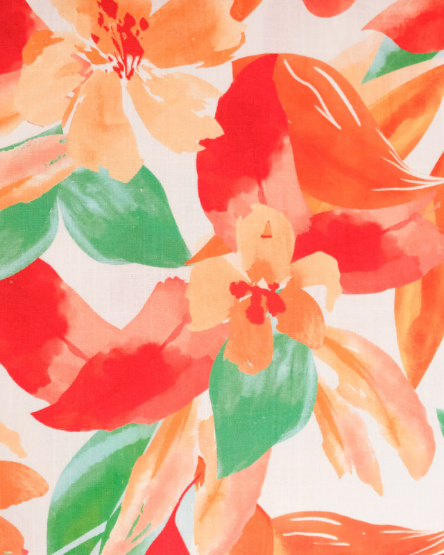 Viscose Lin Imprimé Bouquet Rouge Orange - Mercerine