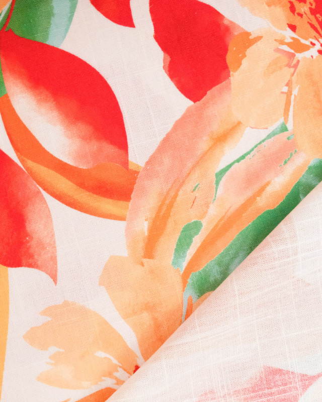 Viscose Lin Imprimé Bouquet Rouge Orange - Mercerine