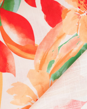 Viscose Lin Imprimé Bouquet Rouge Orange - Mercerine