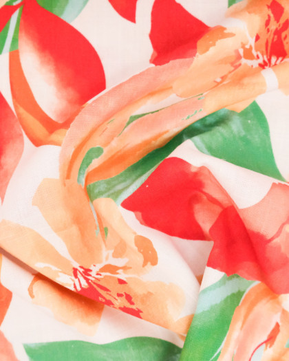 Viscose Lin Imprimé Bouquet Rouge Orange - Mercerine