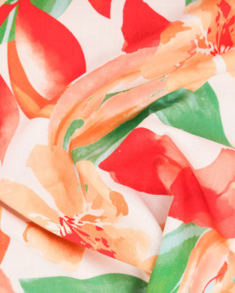 Viscose Lin Imprimé Bouquet Rouge Orange - Mercerine