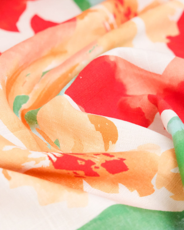 Viscose Lin Imprimé Bouquet Rouge Orange - Mercerine