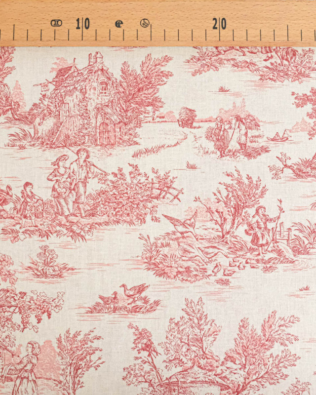 Tissu Coton Motif Toile de Jouy Rouge - Mercerine