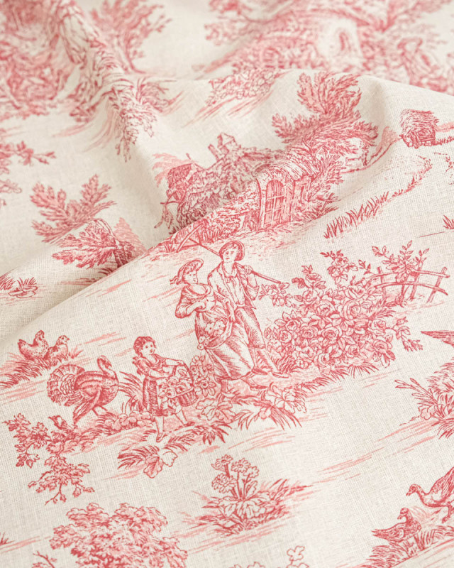 Tissu Coton Motif Toile de Jouy Rouge - Mercerine