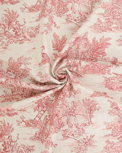 Tissu Coton Motif Toile de Jouy Rouge - Mercerine