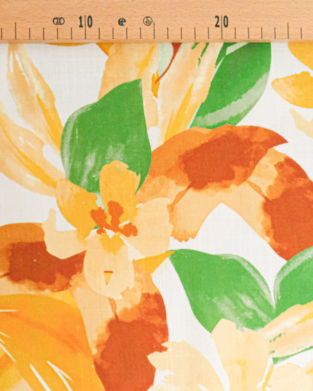 Viscose Lin Imprimé Bouquet Ocre Vert - Mercerine