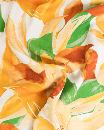 Viscose Lin Imprimé Bouquet Ocre Vert - Maison Klem