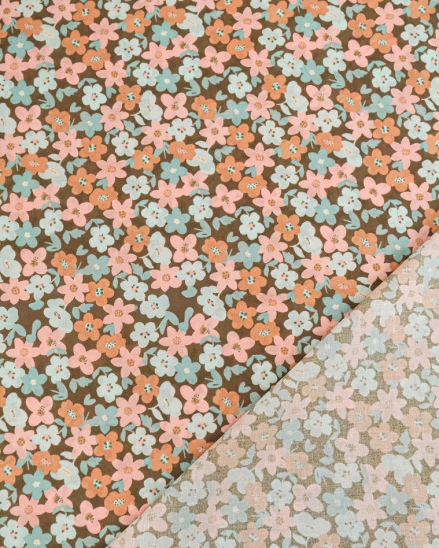 Voile de Coton Imprimé Lula Bleu Rose Fond Kaki