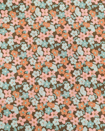 Voile de Coton Imprimé Lula Bleu Rose Fond Kaki