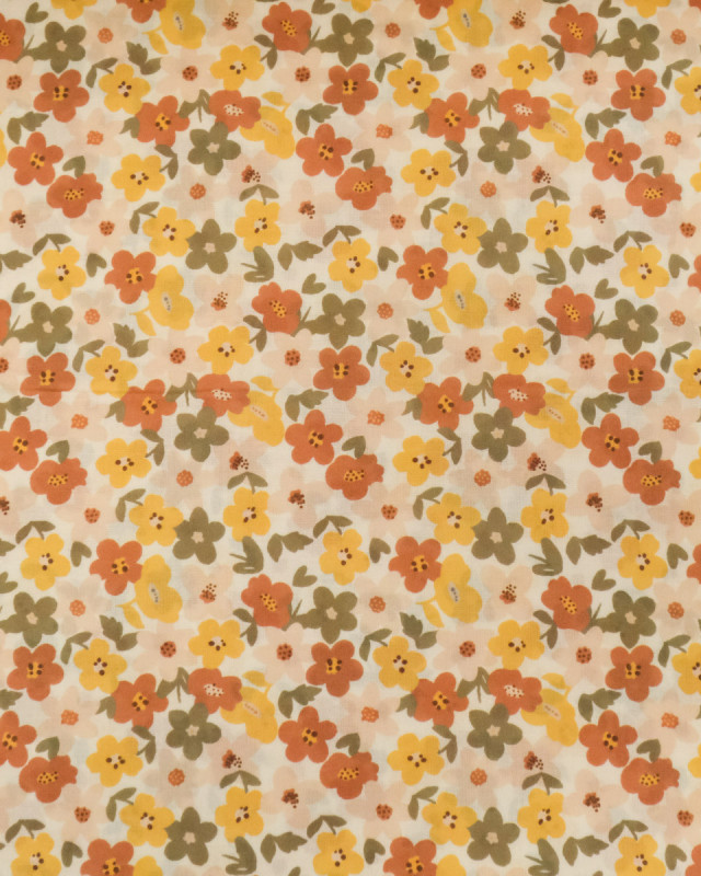Voile de Coton Imprimé Lula Jaune Rose Kaki Fond Ecru