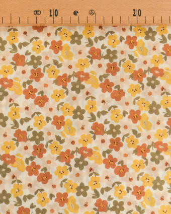 Voile de Coton Imprimé Lula Jaune Rose Kaki Fond Ecru