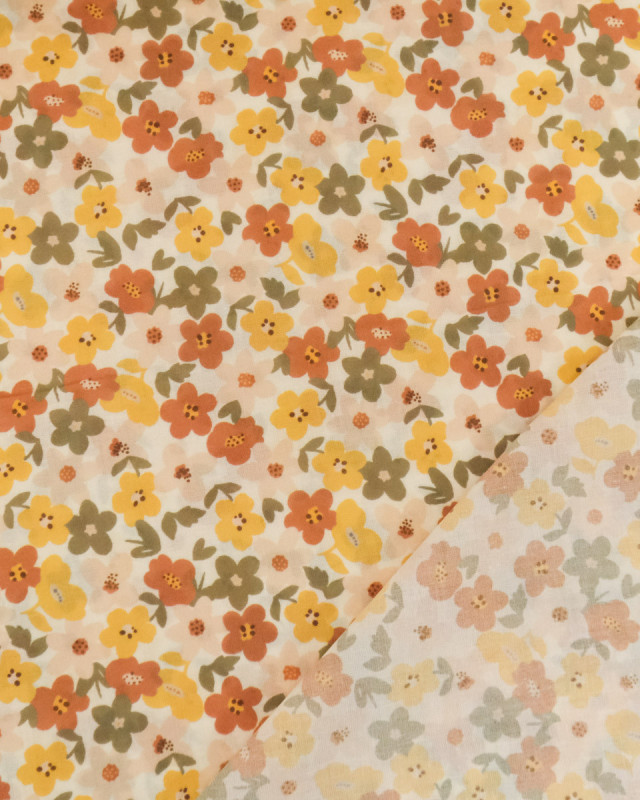 Voile de Coton Imprimé Lula Jaune Rose Kaki Fond Ecru