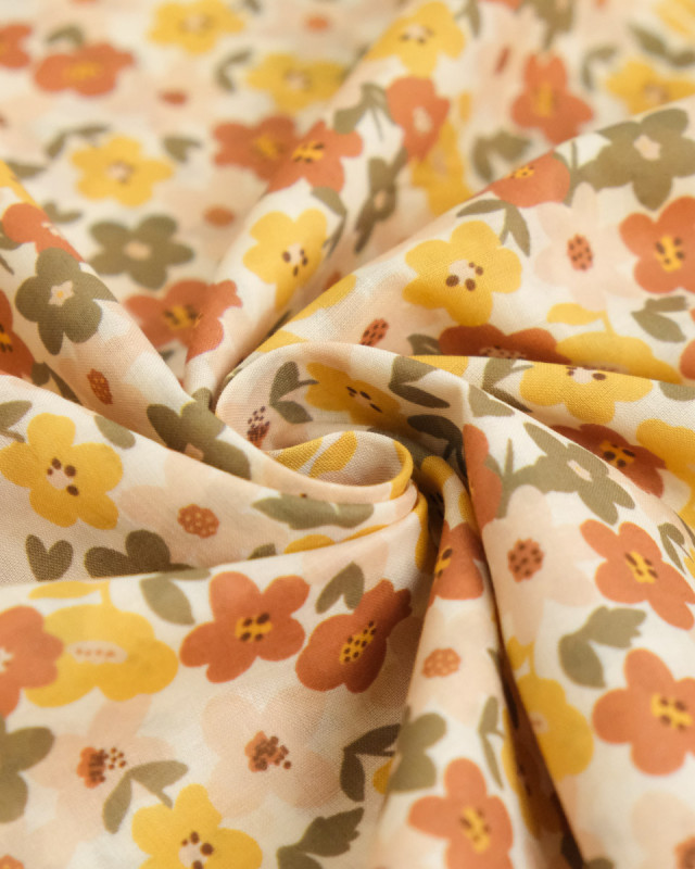 Voile de Coton Imprimé Lula Jaune Rose Kaki Fond Ecru