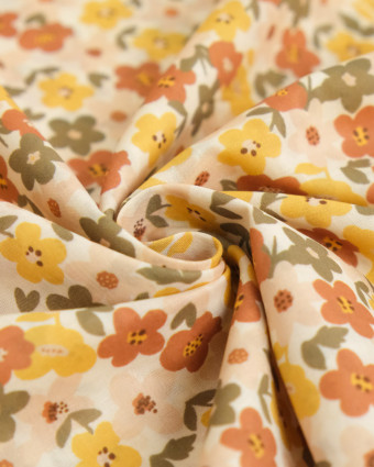Voile de Coton Imprimé Lula Jaune Rose Kaki Fond Ecru