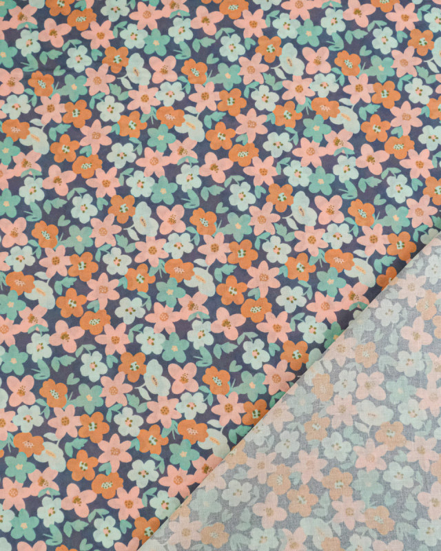 Voile de Coton Imprimé Lula Bleu Rose Fond Bleu