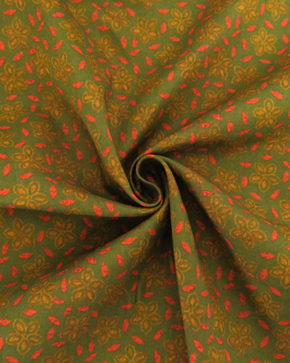 Popeline de Coton Imprimé Indian Vibes Vert Orange - Mercerine