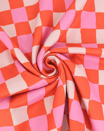 Eponge Microfibre Imprimé Carreaux Roses Oranges Envers Bouclette - Mercerine