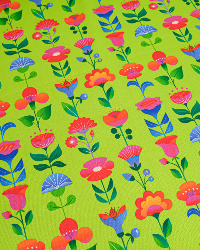 Toile Semi-Panama Vert Pomme Fleurs Multicolores - Mercerine