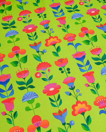 Toile Semi-Panama Vert Pomme Fleurs Multicolores - Mercerine